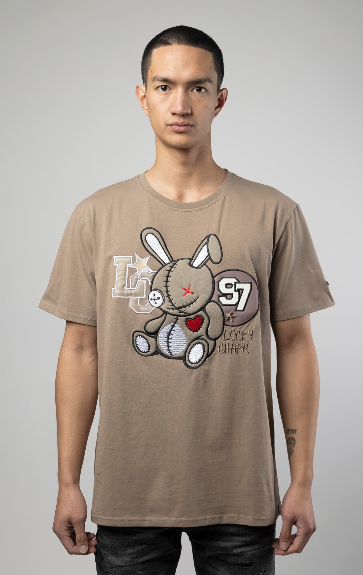 BKYS 'LC 97' graphic stitched and printed on a premium 95% cotton & 5% spandex slim fit khaki t-shirt.