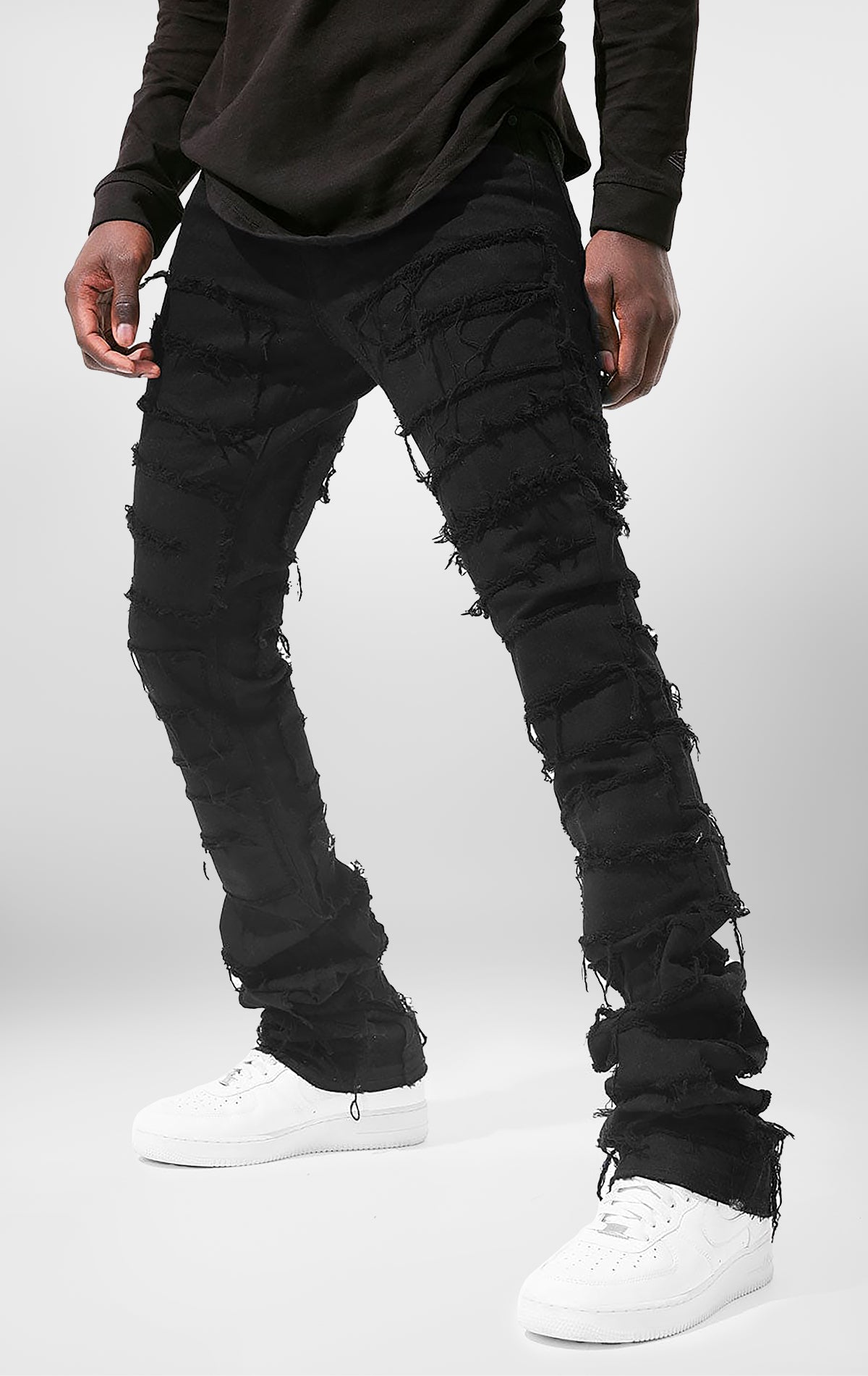 Lager bold, risk-taking flare pants feature a regular rise and extended length for maximum stacks. With a unique heavy wash and rip and repair design, complete with patches and abrasions, these skinny fit jeans are ready for adventure. Made from 98% cotton and 2% Lycra