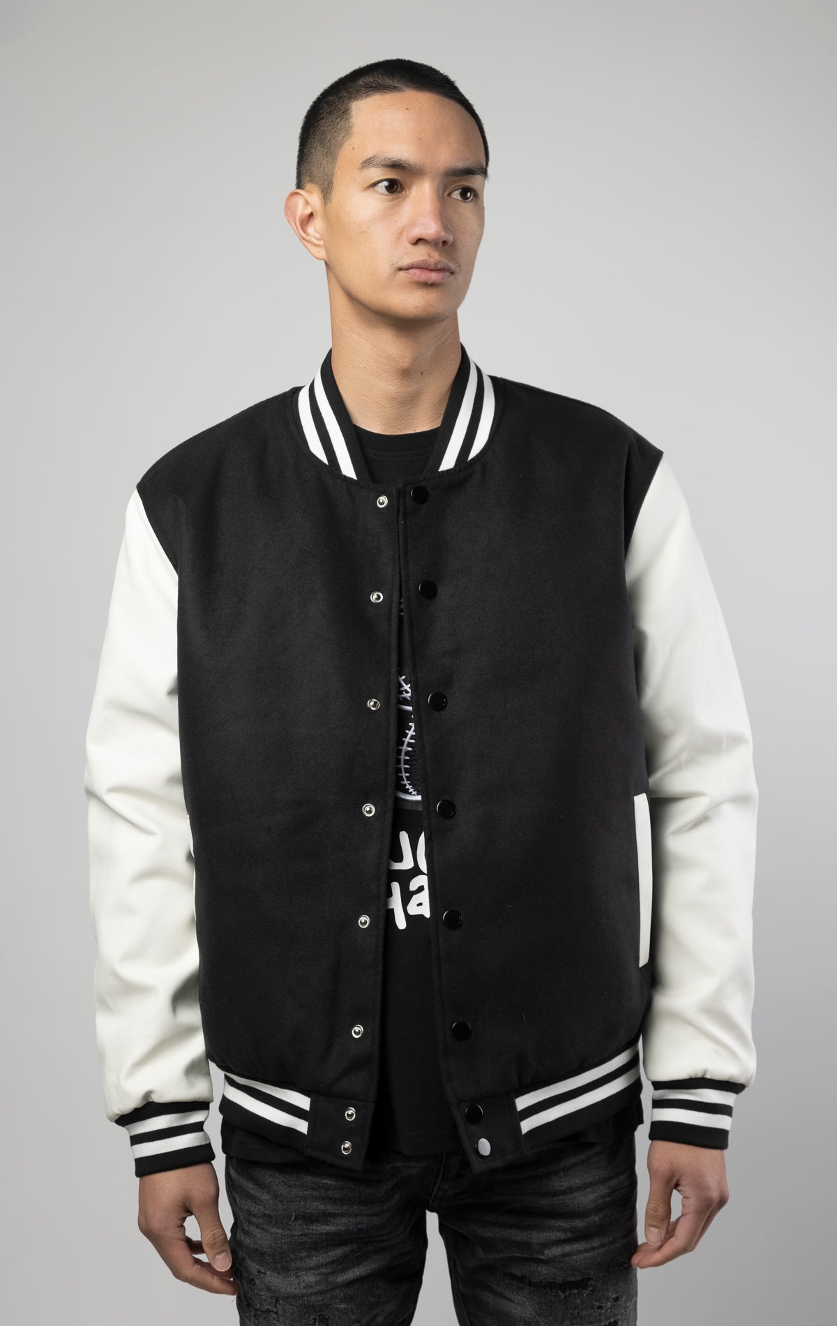 wool varsity jacket in black and white