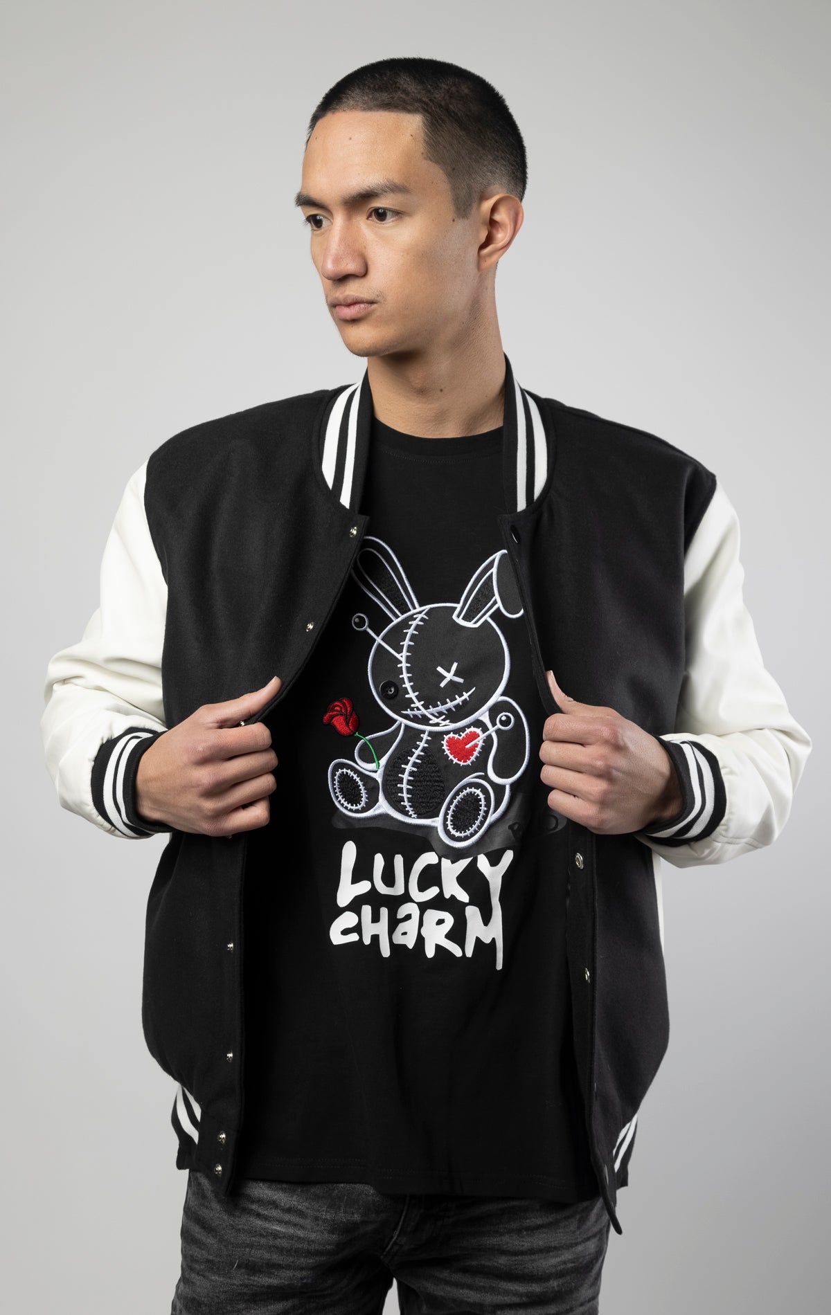 wool varsity jacket in black and white