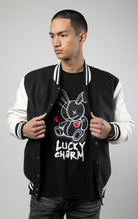 wool varsity jacket in black and white