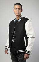 wool varsity jacket in black and white