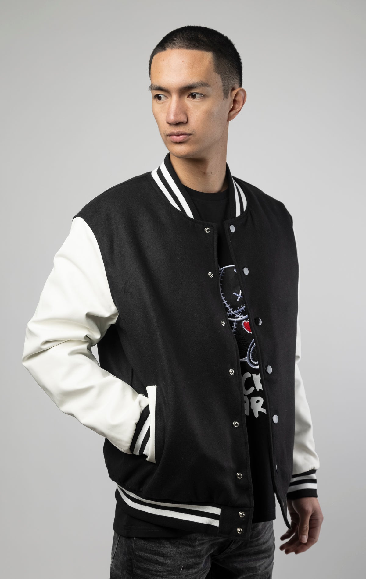 wool varsity jacket in black and white