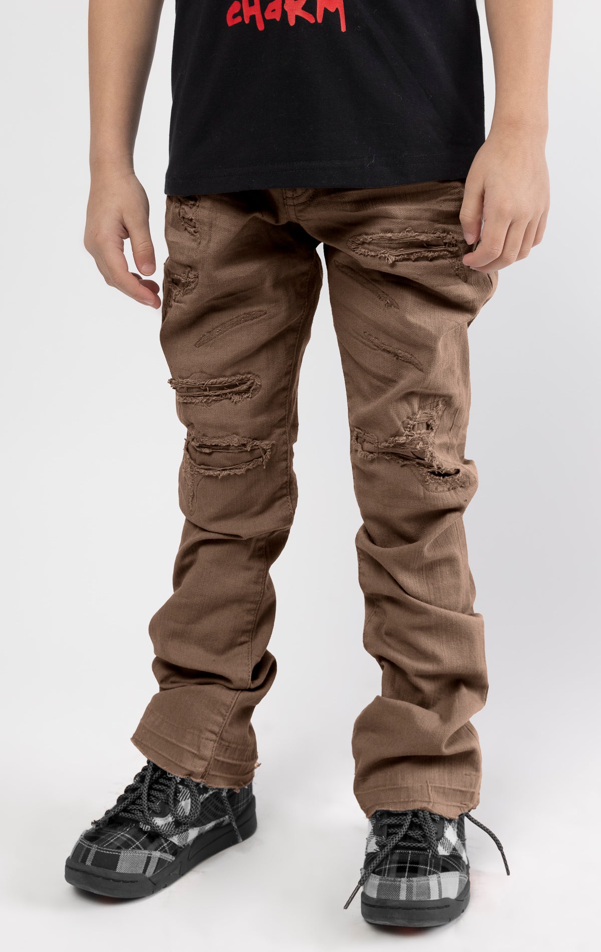 Mocha Extended length flare pants for maximum stacks.