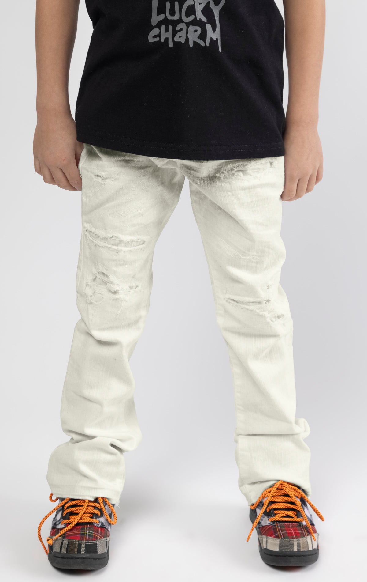 Off white Extended length flare pants for maximum stacks.