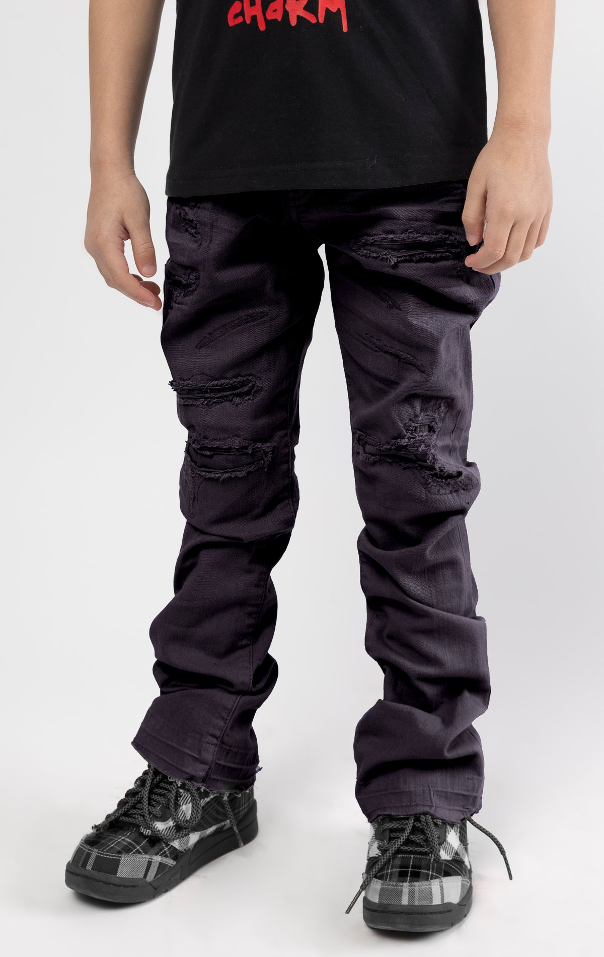 Purple Extended length flare pants for maximum stacks.