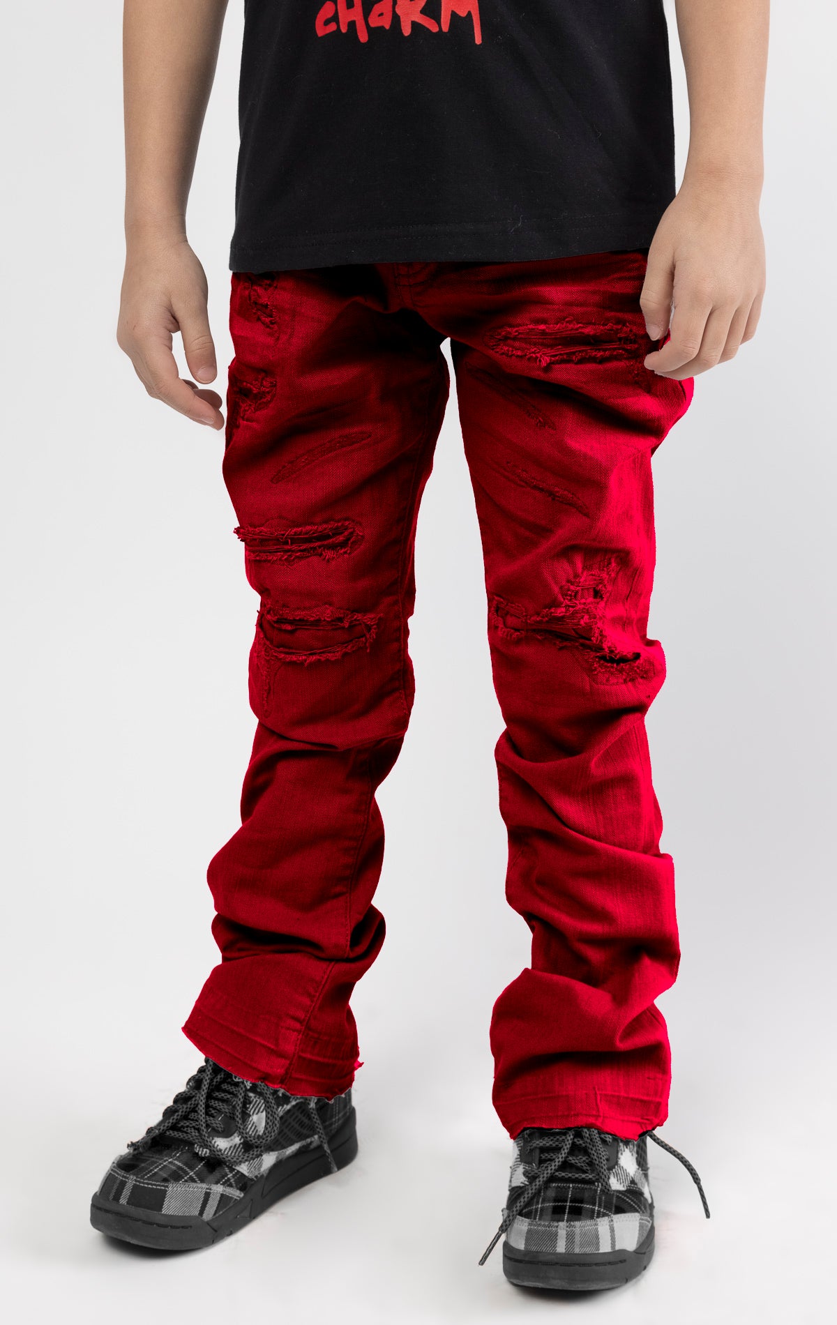 Red Extended length flare pants for maximum stacks.