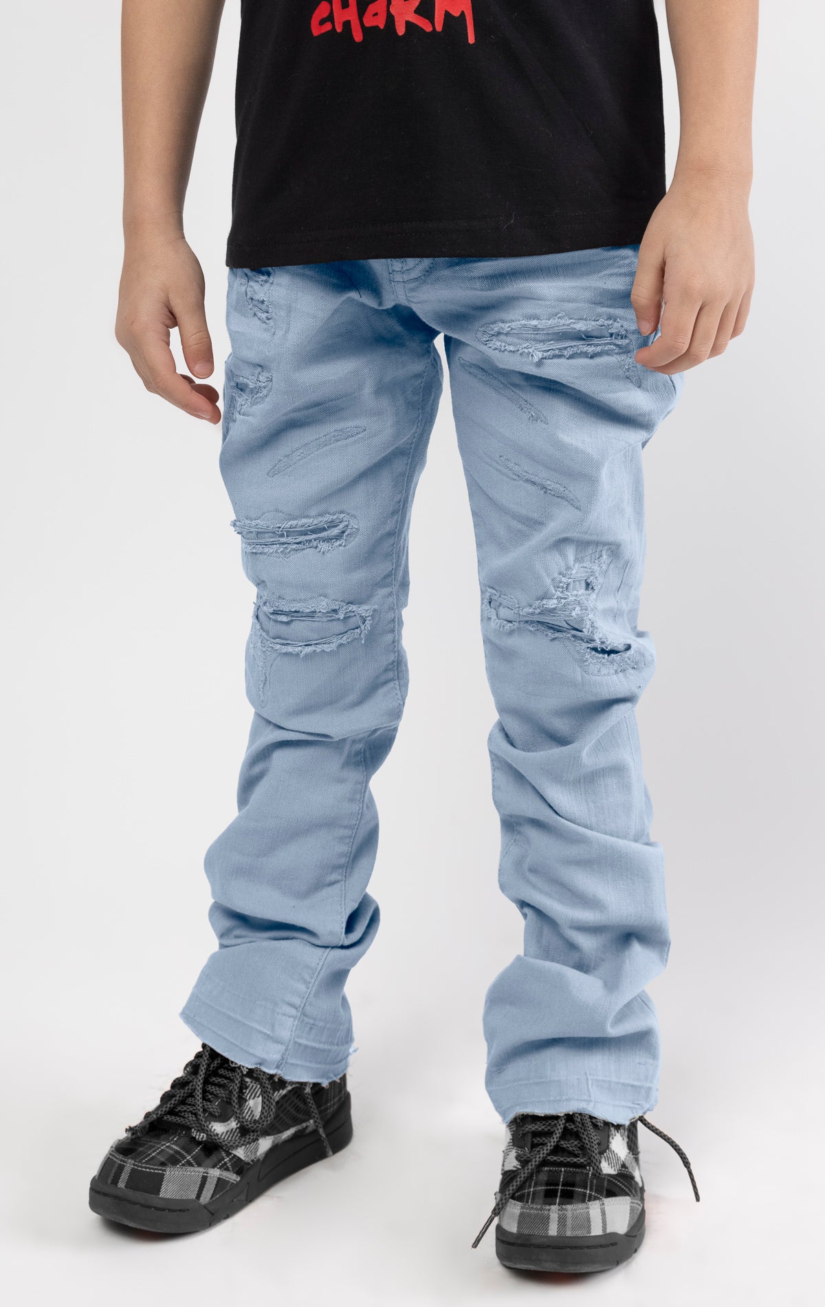 Sky Blue Extended length flare pants for maximum stacks.