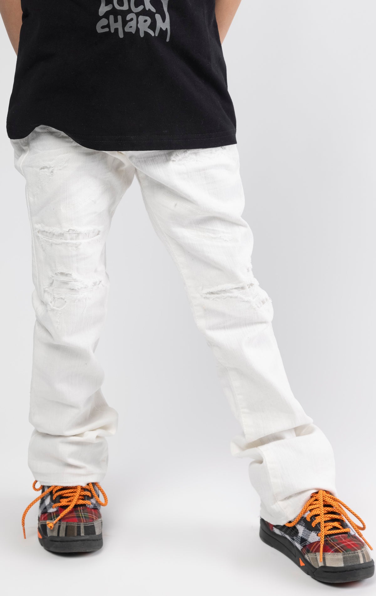 White Extended length flare pants for maximum stacks.