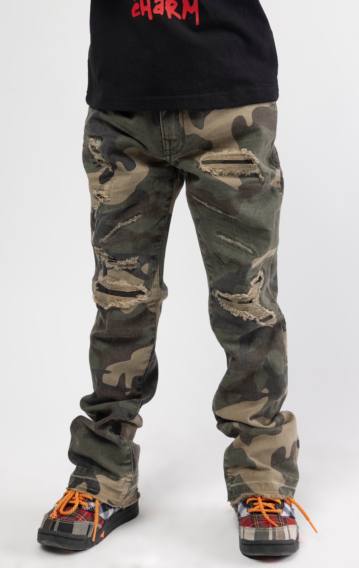 Woodland / Camo Extended length flare pants for maximum stacks.