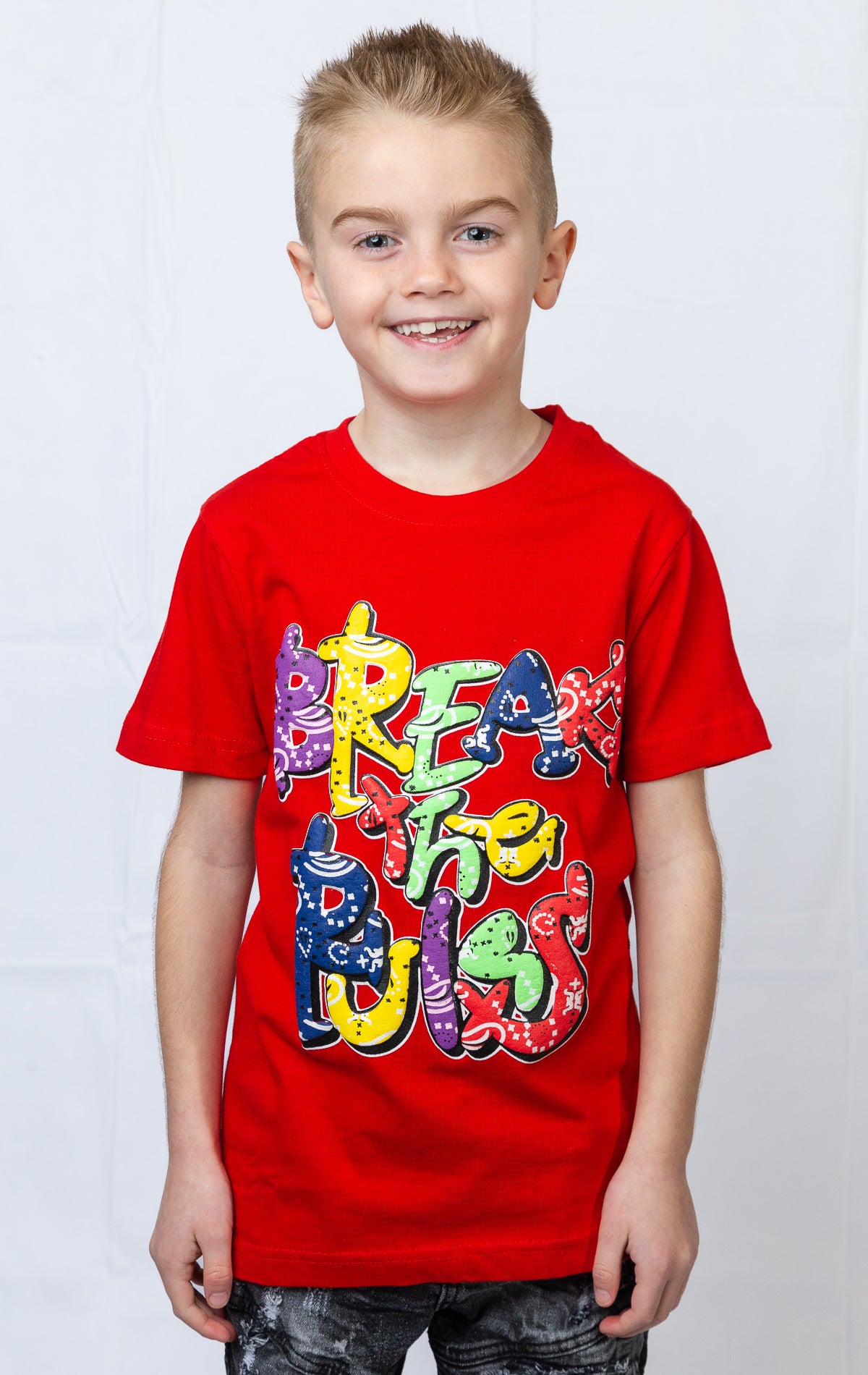Red Break the rules kids graphic t shirt