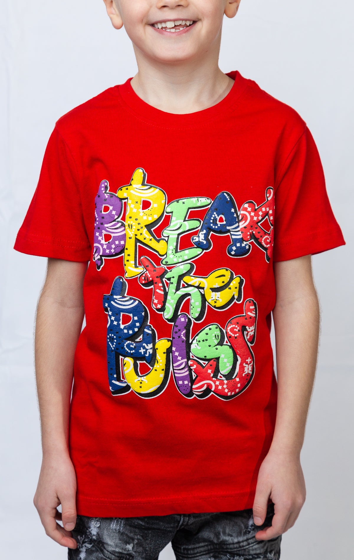 Red Break the rules kids graphic t shirt