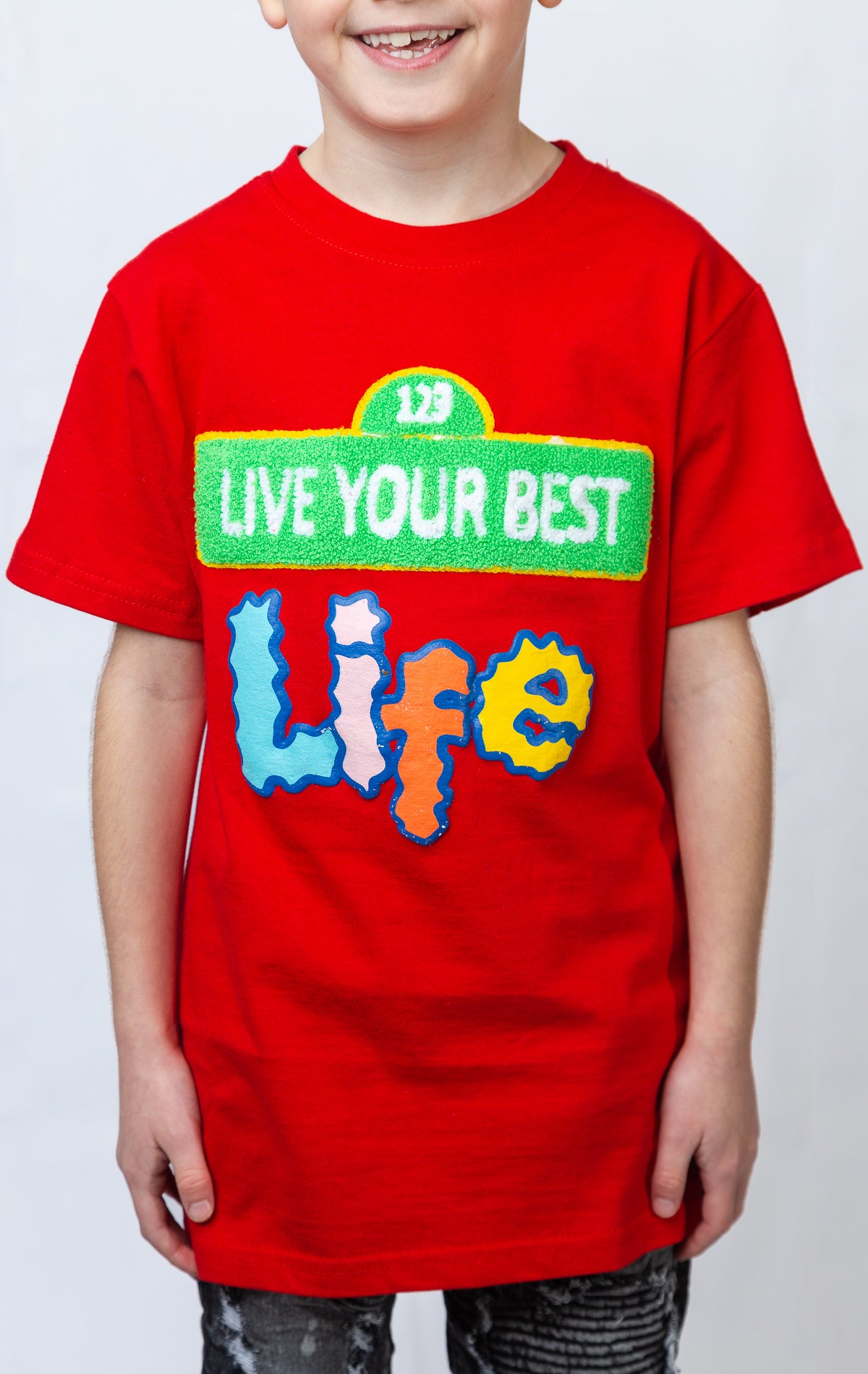 Red Sesame street "Live your best life" graphic t-shirt