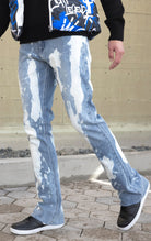 Indigo stacked flare jeans with a bleach wash finish