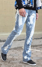 Indigo stacked flare jeans with a bleach wash finish