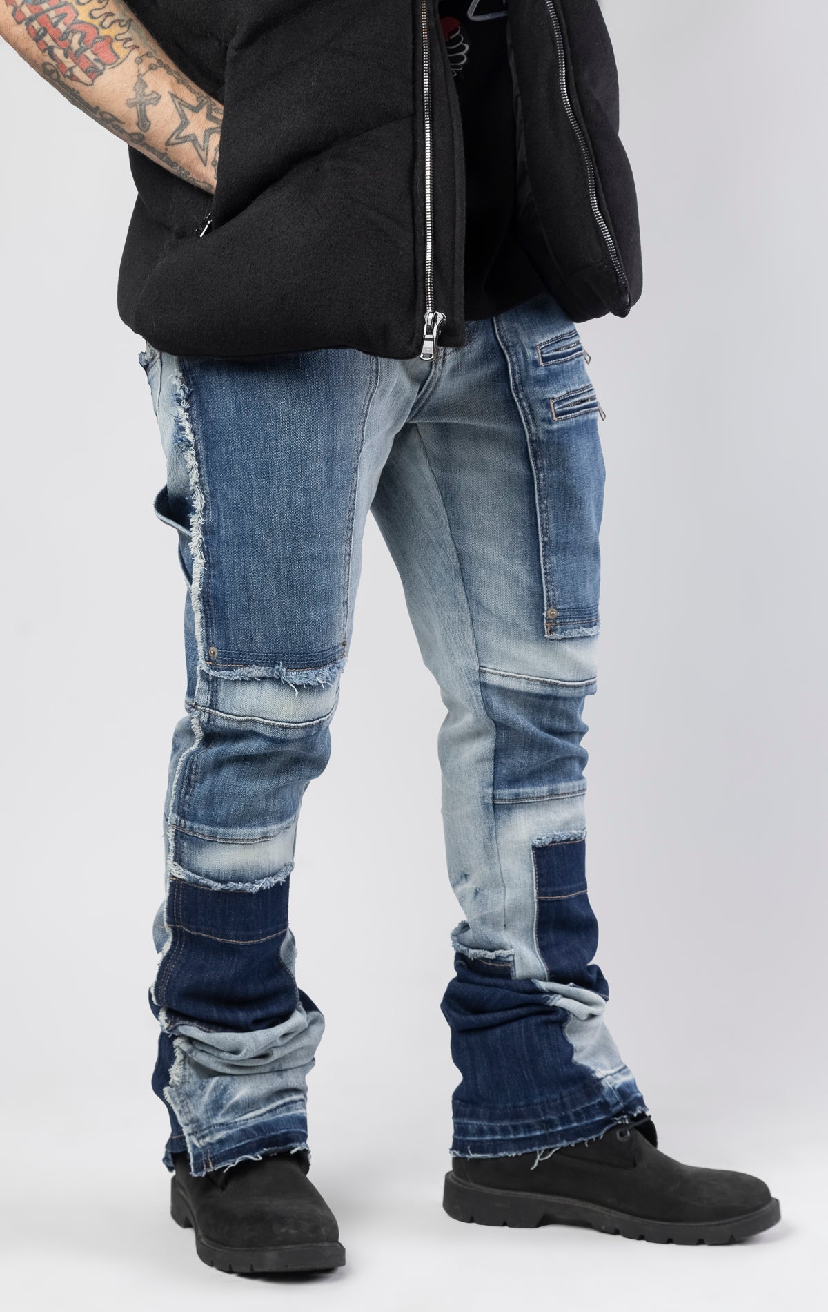 Indigo wash modern patch work stacked jeans