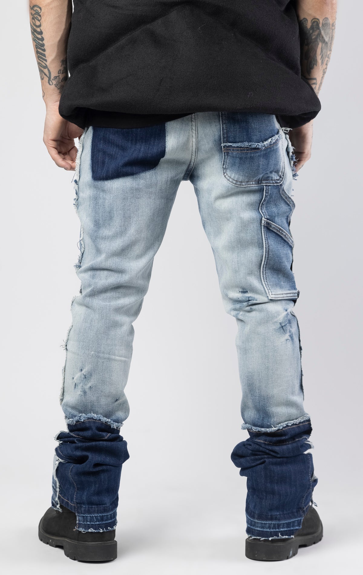 Indigo wash modern patch work stacked jeans