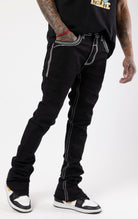 Stacked jeans with bold stitching details and flared bottom leg.