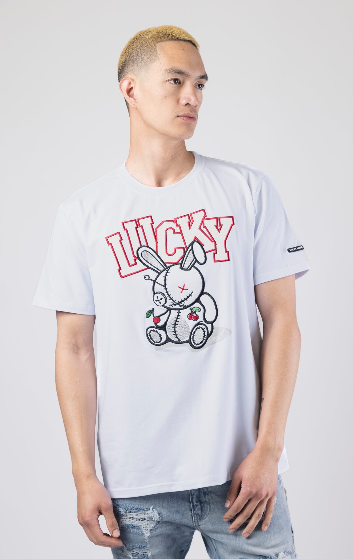 White Crewneck, short-sleeve BKYS Lucky Charm t-shirt with bunny graphic on front