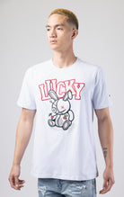 White Crewneck, short-sleeve BKYS Lucky Charm t-shirt with bunny graphic on front