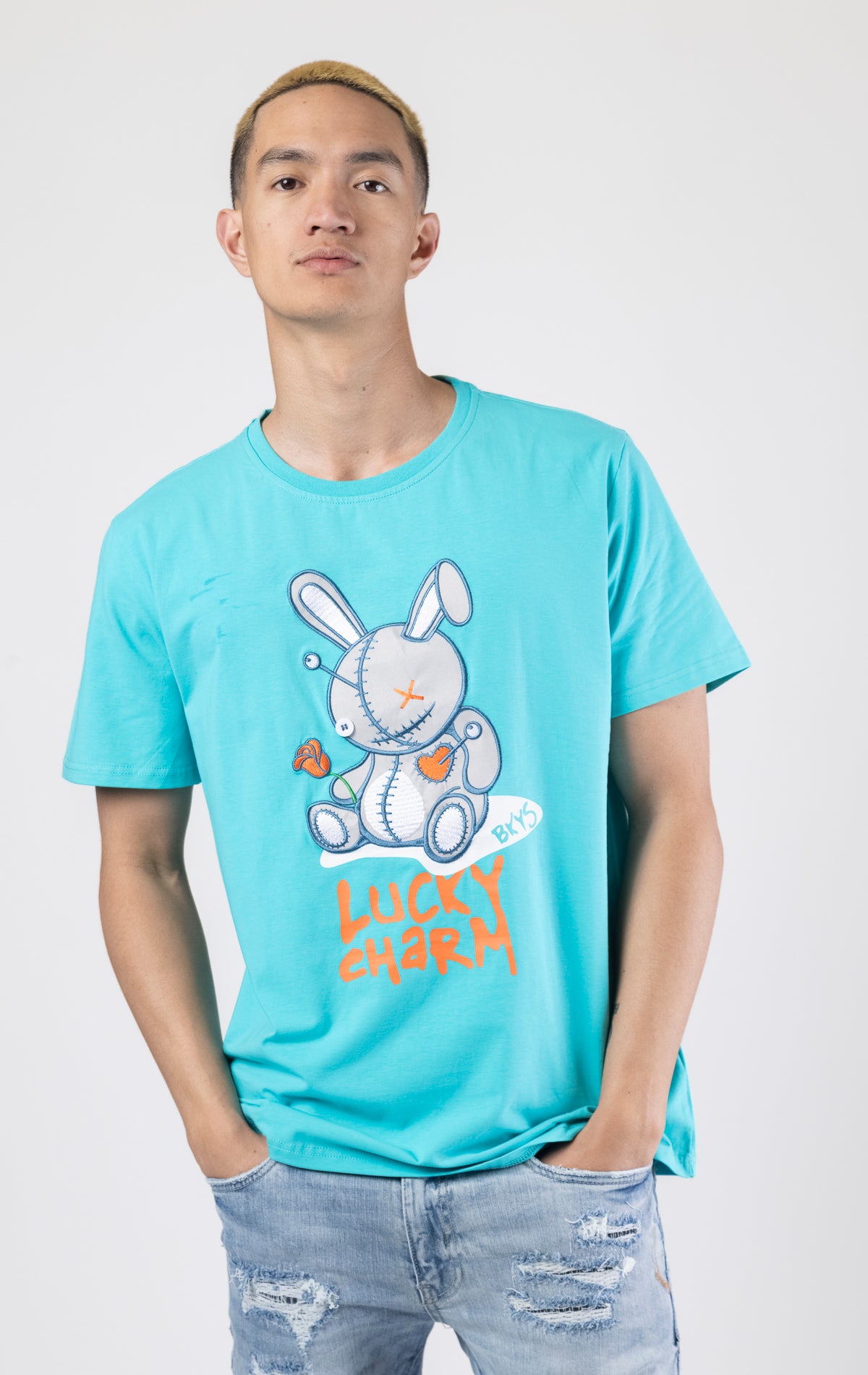 Miami blue Crewneck, short-sleeve BKYS Lucky Charm t-shirt with  bunny graphic on front
