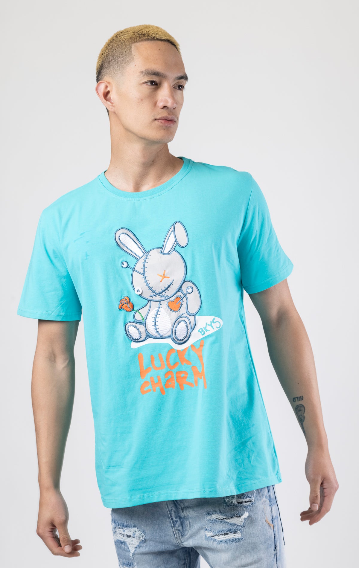 Miami blue Crewneck, short-sleeve BKYS Lucky Charm t-shirt with bunny graphic on front