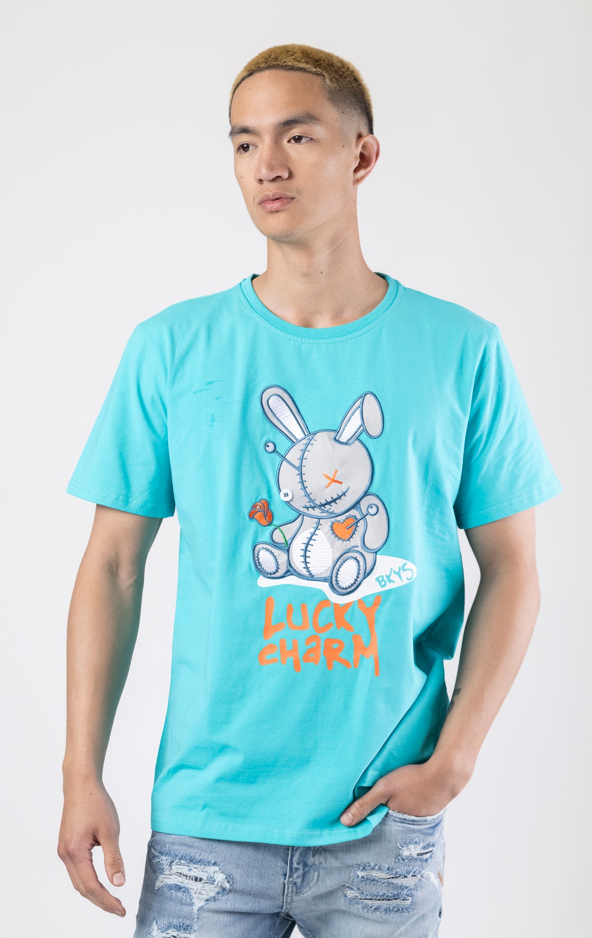 Miami blue Crewneck, short-sleeve BKYS Lucky Charm t-shirt with bunny graphic on front