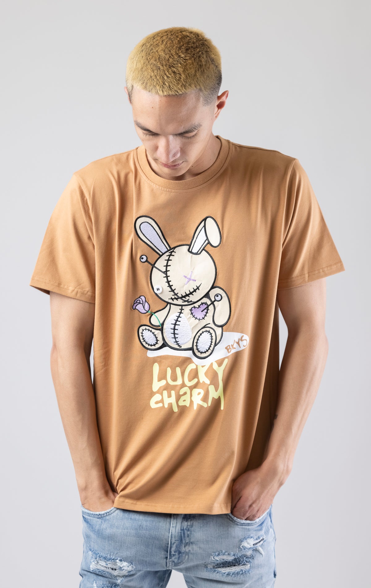 Wheat Crewneck, short-sleeve BKYS Lucky Charm t-shirt with bunny graphic on front