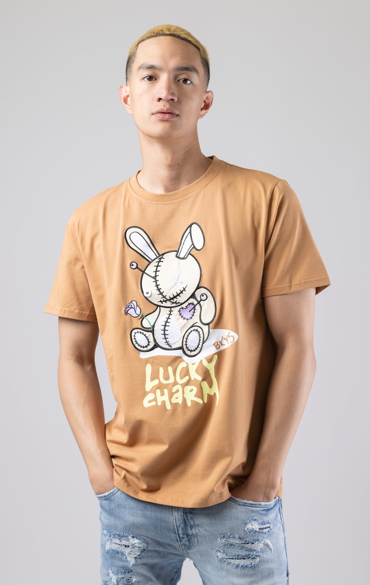 Wheat Crewneck, short-sleeve BKYS Lucky Charm t-shirt with bunny graphic on front