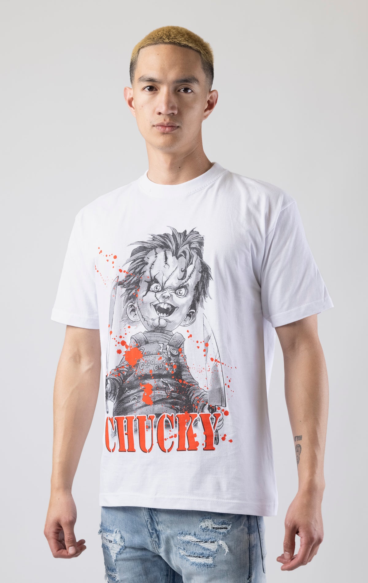 Oversized T-shirt with ribbed crew neck and a chucky printed design on the front.