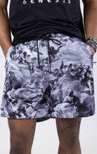 black Mesh shorts with an all-over print, zipper side pockets, and a drawstring waist