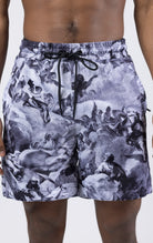 black Mesh shorts with an all-over print, zipper side pockets, and a drawstring waist