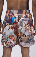 Creme Mesh shorts with an all-over print, zipper side pockets, and a drawstring waist