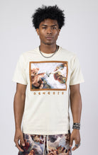 A crew neck graphic t-shirt with a Genesis design, available in creme and black.