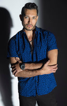 Blue Men's casual, relaxed-fit button-down shirt with a short sleeve design. The shirt features an all-over Greek key pattern and a front button closure.