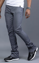 Charcoal Glossy denim with a regular rise, flared stacked jeans