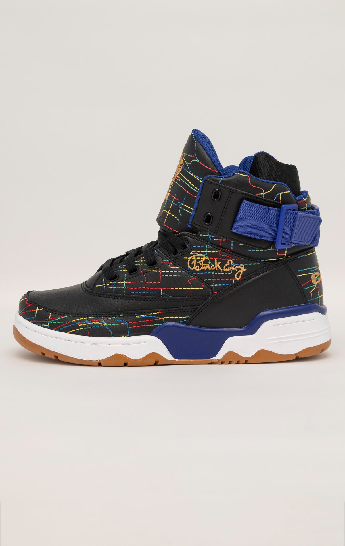 Multi high-top sneakers by Ewing Athletics with a collaboration with rapper Common. Features a cartoon graphic on the side and multicolored accents.