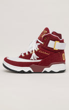 Burgundy and white high-top sneakers with gold accents, co-branded by Ewing Athletics and Ol' Dirty Bastard (ODB) of the Wu-Tang Clan.