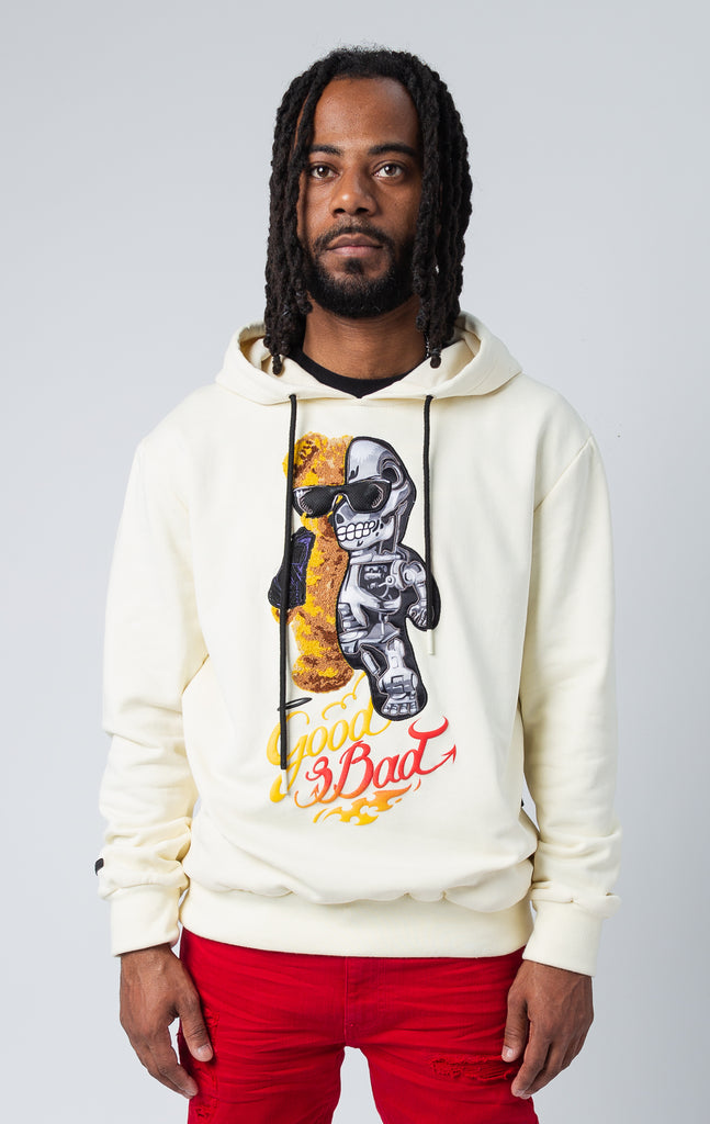 Pullover hoodie with long sleeves and bear graphic on the front. It is made of a premium cotton blend and has ribbed cuffs