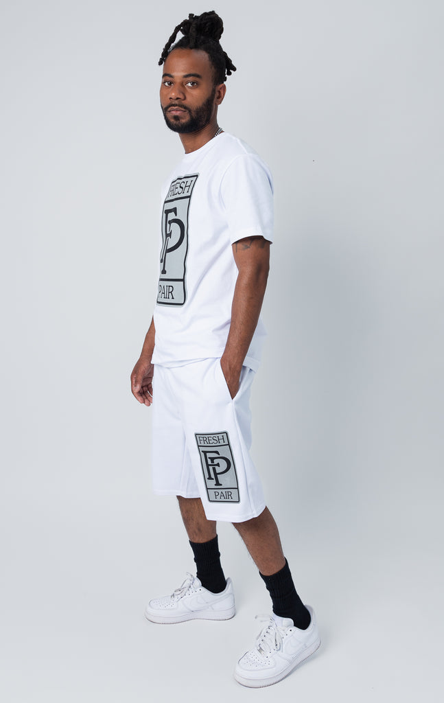White  set of shirt and shorts with "fresh pair" graphic print