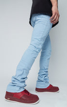 sky blue stacked denim with ripped design