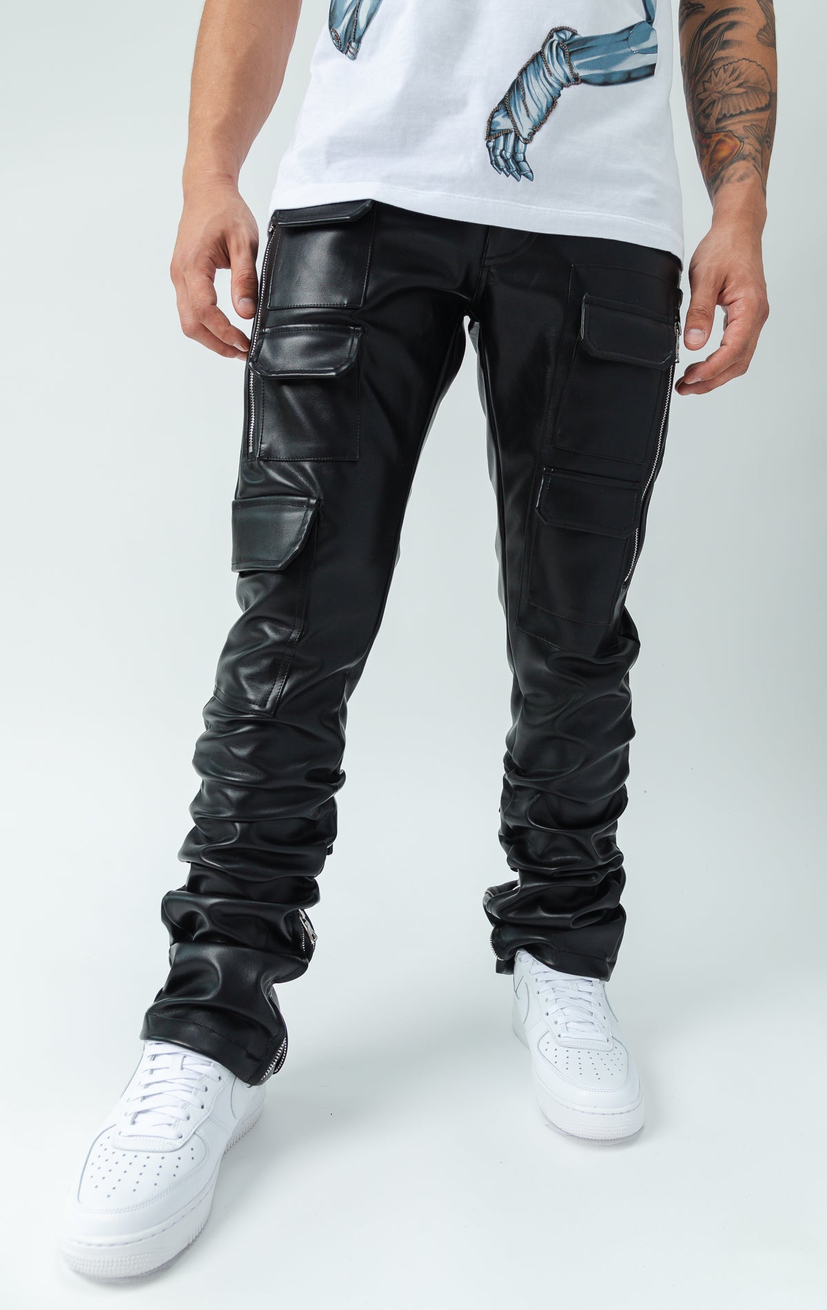 Stretch faux black leather biker pants. Slim fit.
