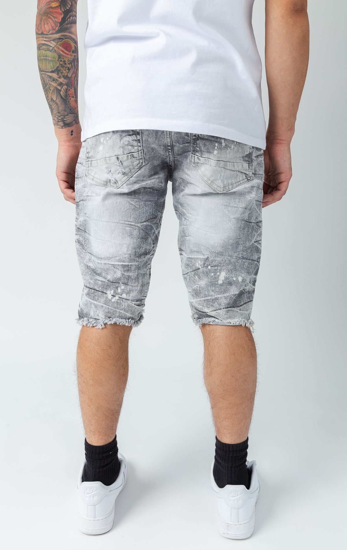 Grey distressed denim shorts