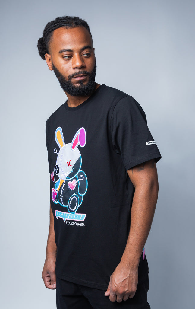BKYS Luck charm, colorful psycho bunny graphic on black t shirt