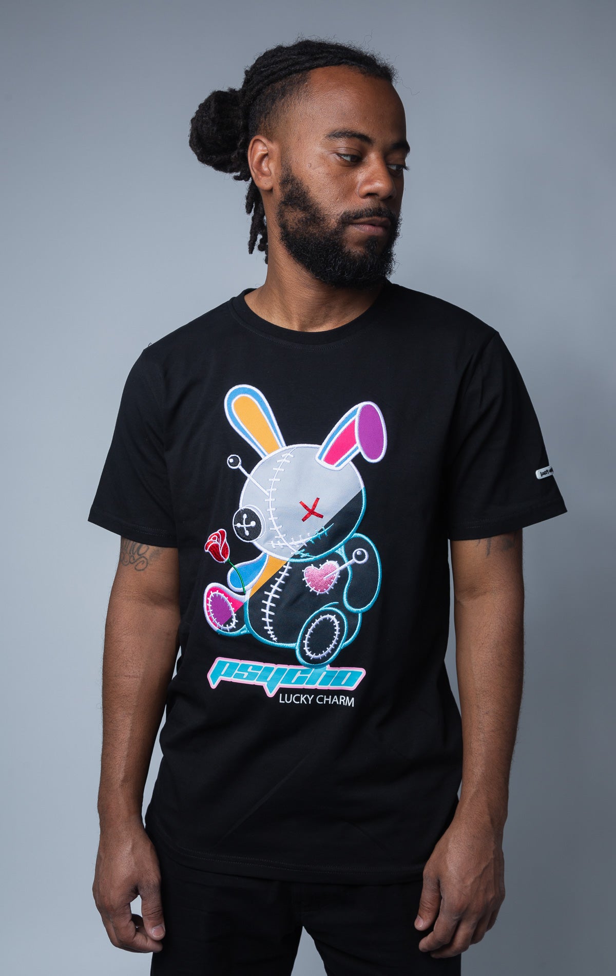 BKYS Luck charm, colorful psycho bunny graphic on black t shirt