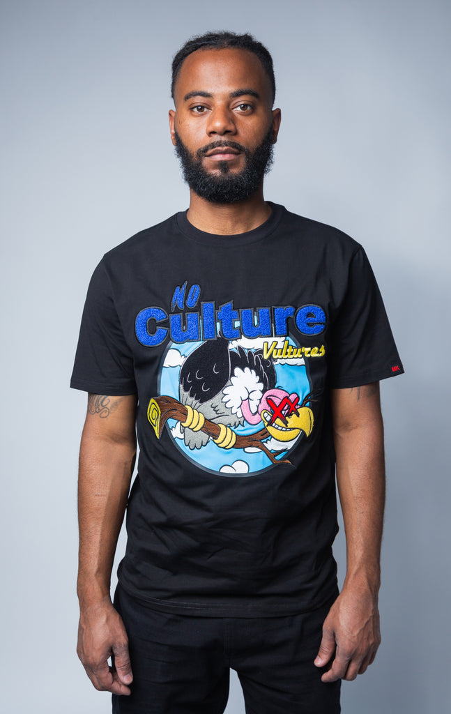 Black t-shirt with No Culture Vulture graphic on front