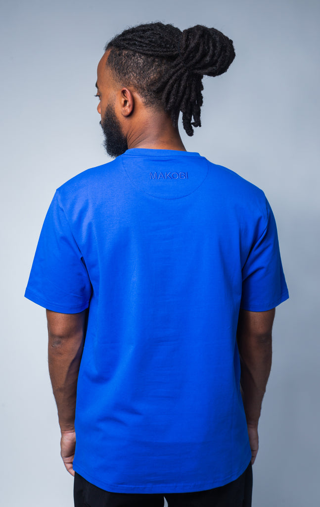 Royal blue t-shirt with Makobi logo on the back
