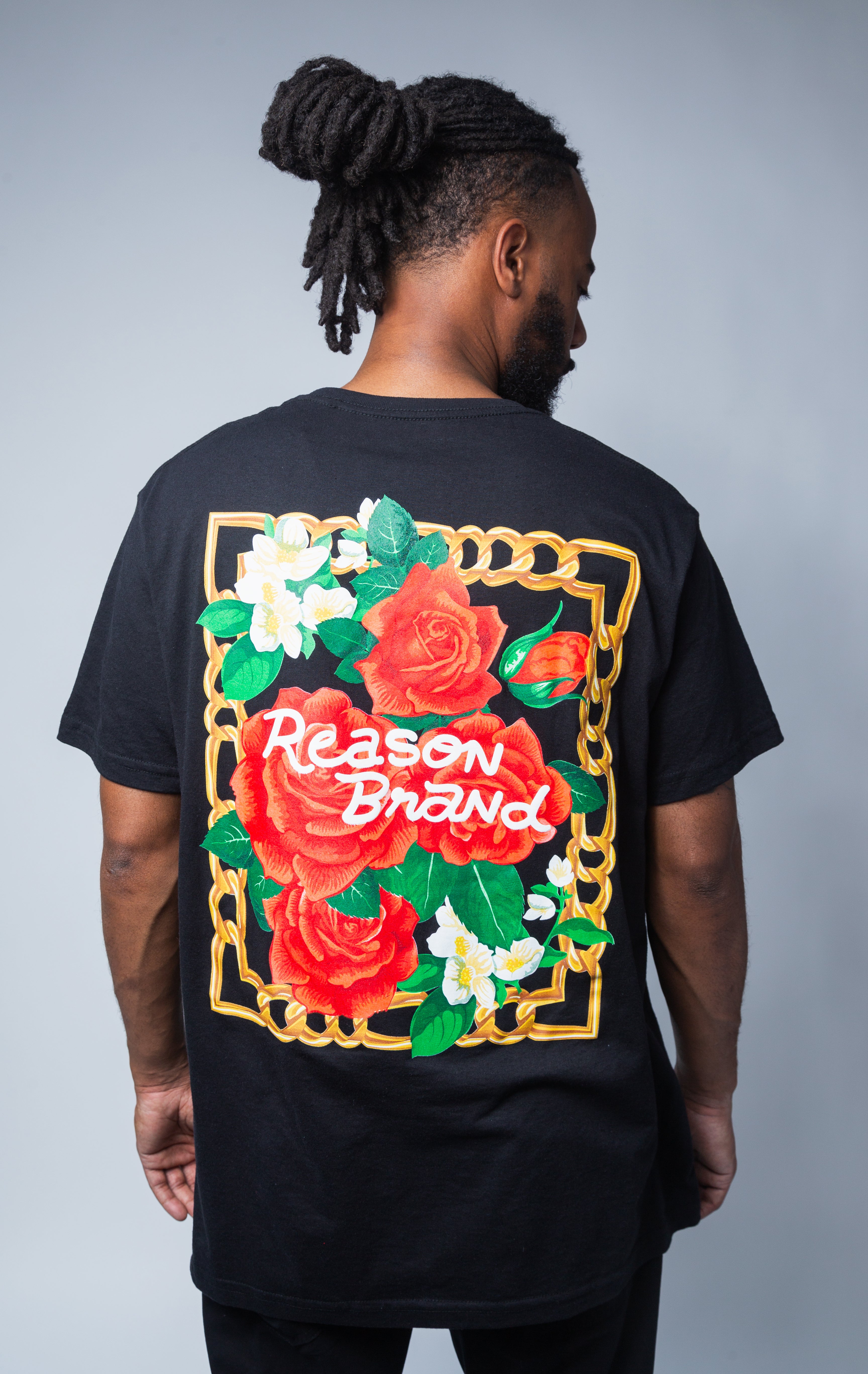 Black reason brand roses and chains graphic t-shirt