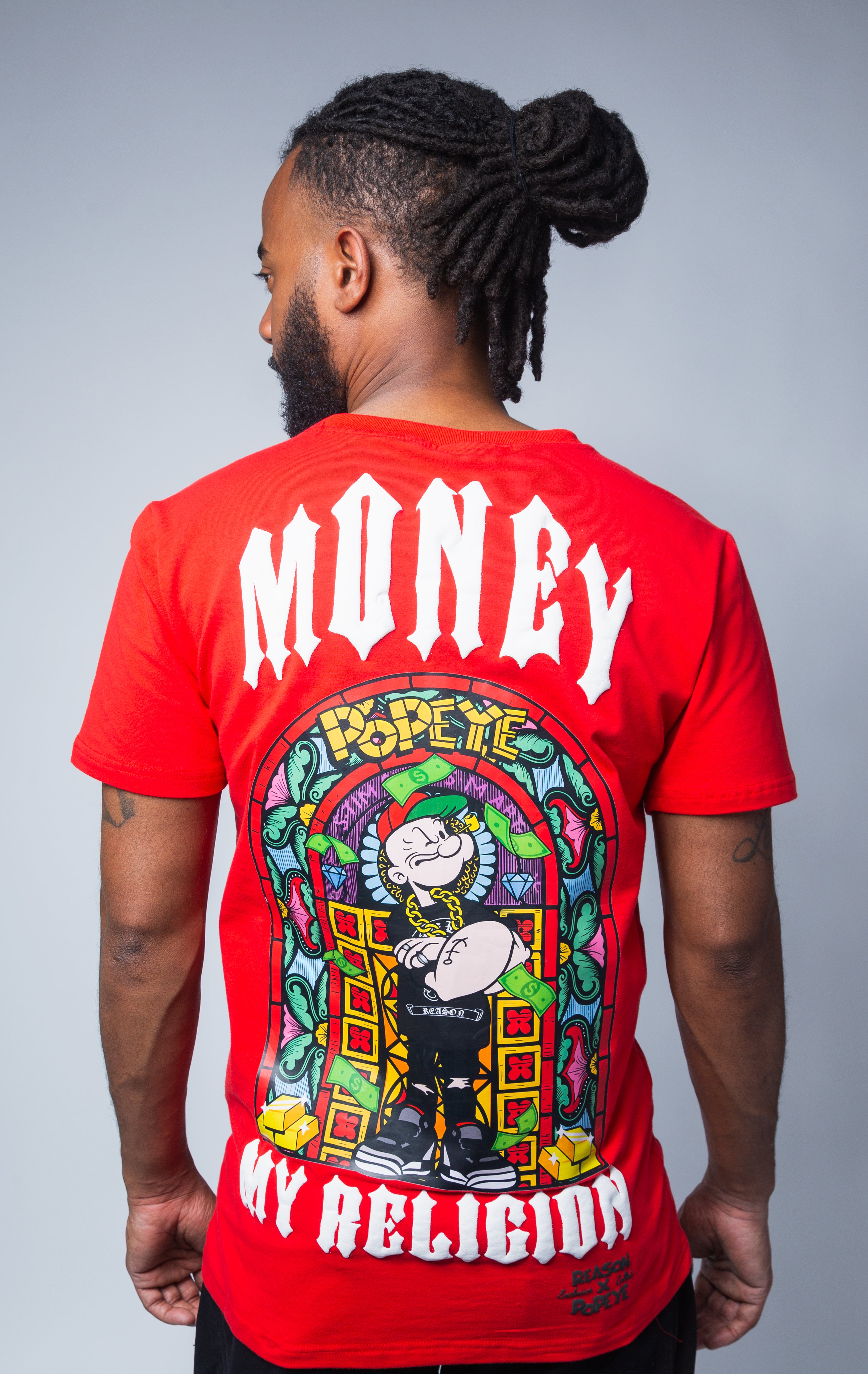 RED "MONEY MY RELIGION" GRAPHIC T SHIRT