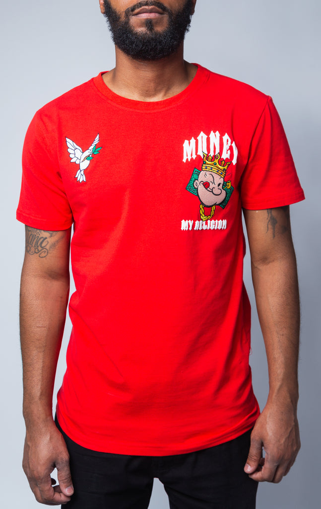 RED "MONEY MY RELIGION" GRAPHIC T SHIRT